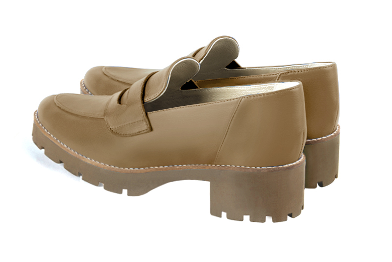 Camel beige women's casual loafers. Round toe. Low rubber soles. Rear view - Florence KOOIJMAN